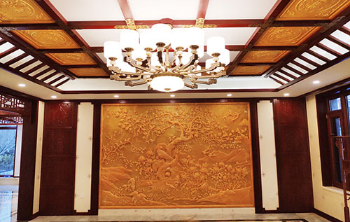 潼南中式别墅客厅中式木作横梁吊顶装饰展示